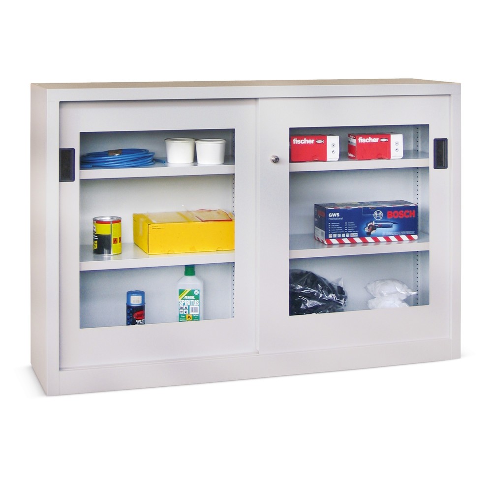 Illustration du produit: Armoire à portes coulissantes PAVOY avec regards + 2 tablettes, H x l x P 1 000 x 1 000 x 500 mm, bleu ciel, gris clair