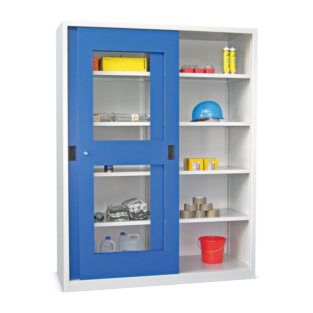 Illustration du produit: Armoire à portes coulissantes PAVOY avec regards + 8 tablettes + cloison de séparation, H x l x P 1 950 x 1 500 x 400 mm, bleu clair, gris clair