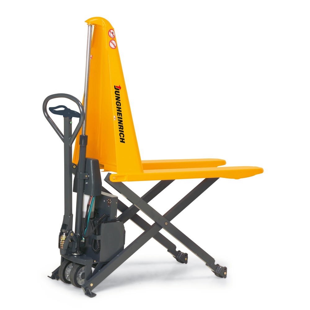 Illustration du produit: Transpalette à ciseaux Jungheinrich AMX 10e, capacité de charge 1 000 kg, longueur des fourches 1 150 mm, caoutchouc plein/nylon