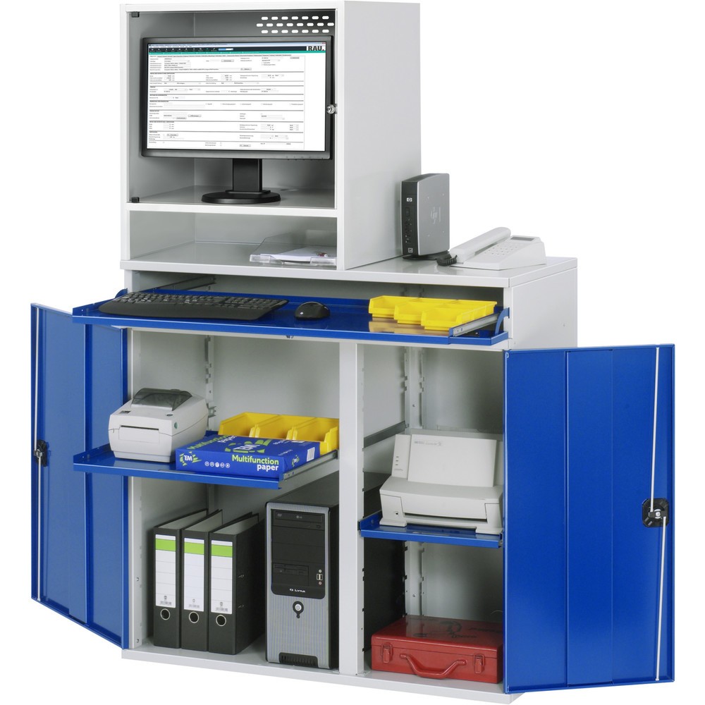 Illustration du produit: RAU Armoire informatique, boîtier d’écran, porte-clavier coulissant, double porte battante, compartiment pour écran profondeur 500, 2 x tablette extractible, fixe