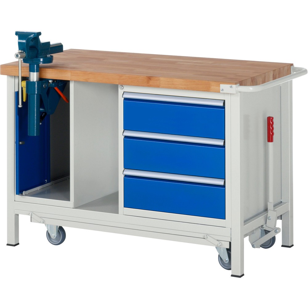 Illustration du produit: RAU Établi série 8000 avec rouleur abaissable, 2 caissons, 1 tablette, HxlxP 880 x 1 250 x 700 mm, 3 tiroirs extractibles à 100%
